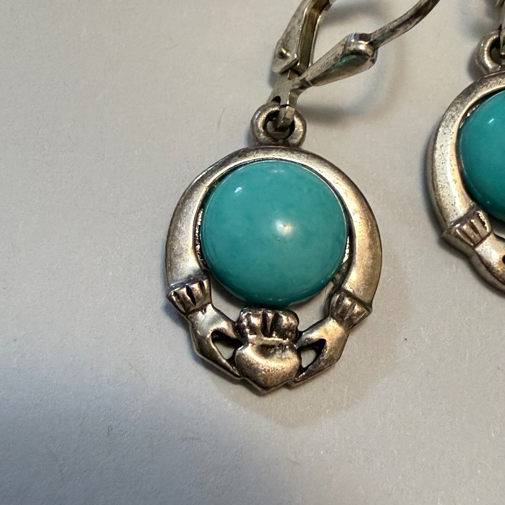 Vintage Sterling Silver Heart Earrings Ireland 925 Turquoise Claddagh Celtic - Picture 2 of 8